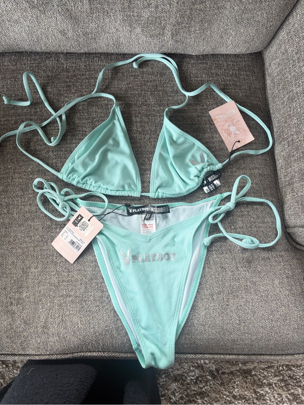 PLAYBOY X MISGUIDED Mint Ribbed Triangle Tie-Side Bikini Set NWT